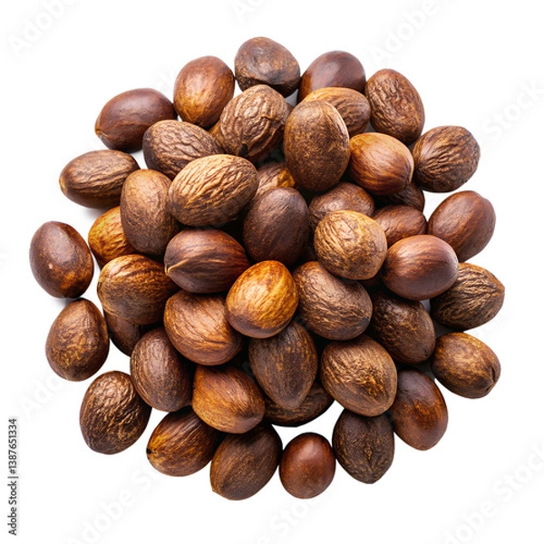 Fototapeta A rich harvest of shea nuts, ready for processing into luxurious skincare, displayed against a pure white background.