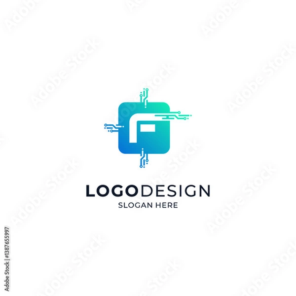 Obraz the letter F with a colorful and shiny microchip frame for logos of sophisticated technology, applications, software or hardware