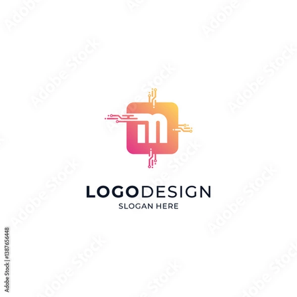 Fototapeta the letter M with a colorful and shiny microchip frame for logos of sophisticated technology, applications, software or hardware