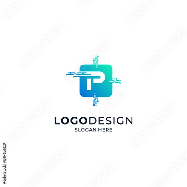 Obraz the letter P with a colorful and shiny microchip frame for logos of sophisticated technology, applications, software or hardware