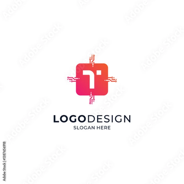 Fototapeta the letter T with a colorful and shiny microchip frame for logos of sophisticated technology, applications, software or hardware