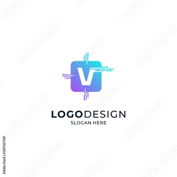 Fototapeta the letter V with a colorful and shiny microchip frame for logos of sophisticated technology, applications, software or hardware