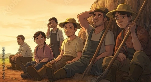 Fototapeta Labor day, labor animation depicting labors working and stressed and sad