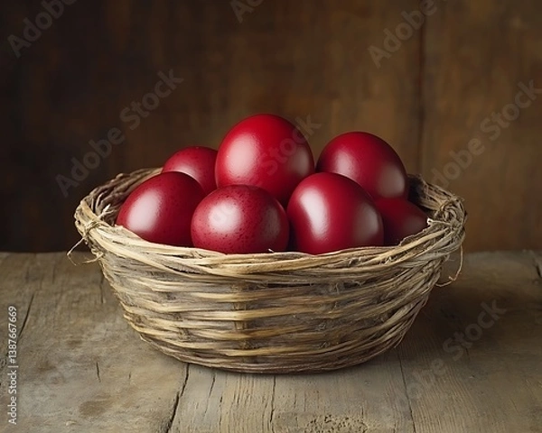 Fototapeta Red Easter eggs in rustic basket