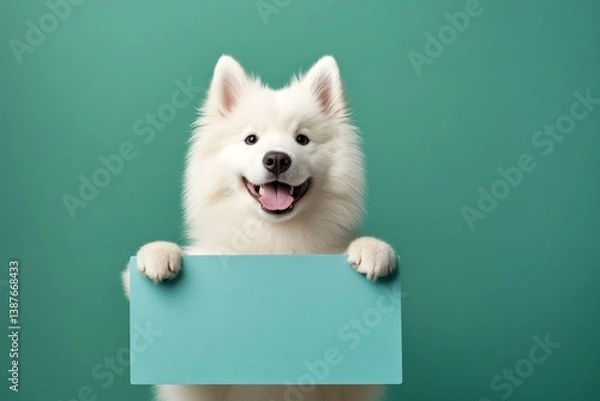 Fototapeta Ad dog photo. Dog ad poster. Isolated hound on a solid clothing green background. Ð¡ute dog samoyed hold in front paws a prototype - large blue boulevard sign. Poster design with beast.