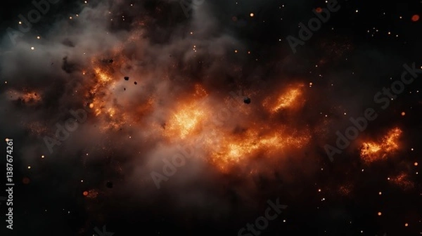 Obraz fiery ash cloud drifting with glowing particles for explosion overlays and fire effects