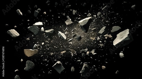 Obraz High-speed flying rock debris explosion with dust particles in dark space