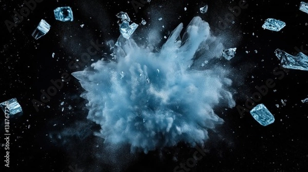 Fototapeta Frozen ice explosion with dynamic icy shards and snow particles dispersing in cold atmosphere