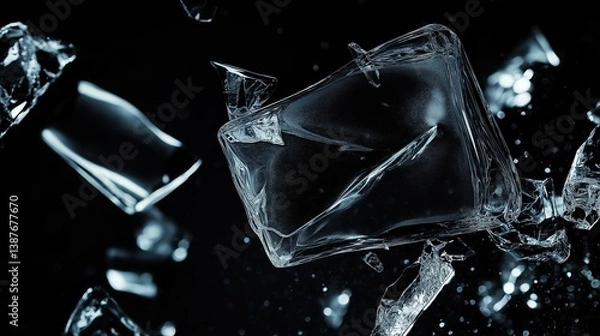 Obraz Realistic glass shards in motion, suspended broken transparent pieces with detailed cracks and reflective highlights on dark background