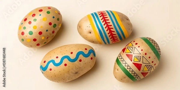 Obraz Easter potatoes on a plain background. Potatoes painted with artistic patterns.