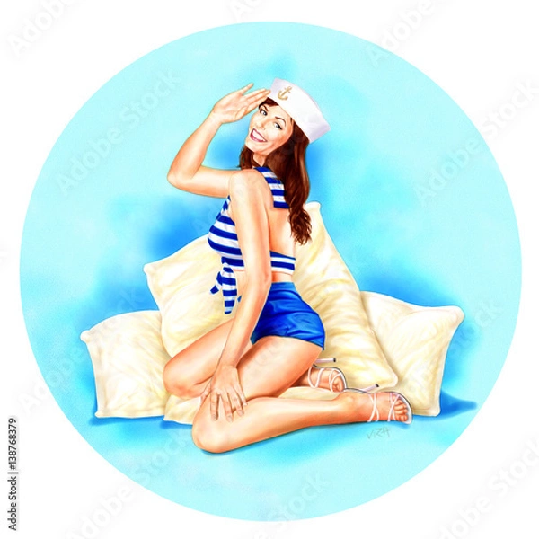 Fototapeta Girl wearing a sexy sailor outfit and sailor hat, sitting on pillows saluting the viewer in a circular watercolor label format.