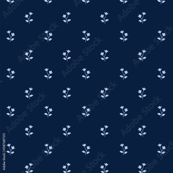 Fototapeta Small white flowers pattern doodle shapes motif continuous blue background. Modern floral fabric design textile swatch ladies dress, men's shirt all over print block.