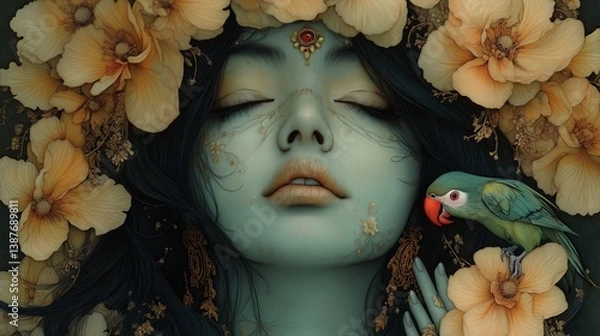 Obraz Surreal woman with teal skin and parrot surrounded by orange flowers