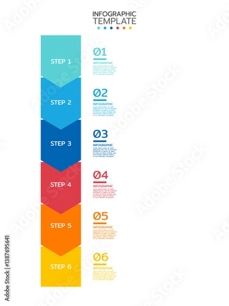Obraz 6 Elements placed in vertical row. Concept of 6 successive steps of project development process. Flat infographic design template. Simple vector illustration for business analytics.