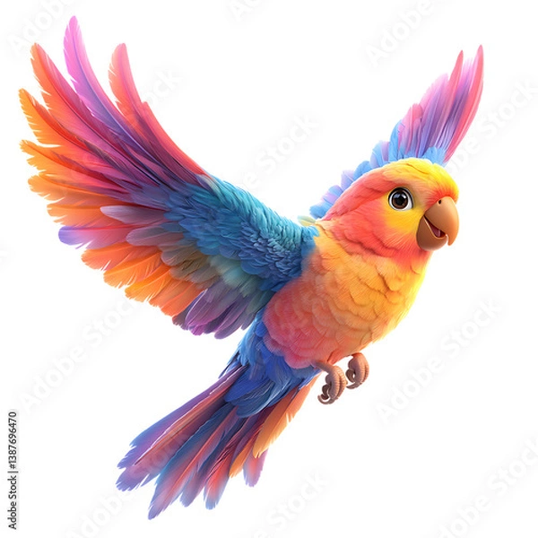 Fototapeta A Fluffy 3D Cartoon Parrot with Rainbow Colored Feathers Isolated on Transparent Background