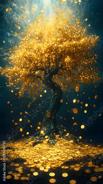 Fototapeta Gold tree, Stacking gold coins and money bag of tree with growing put on the wood on the morning sunlight, Saving money and loan for business investment concept.	