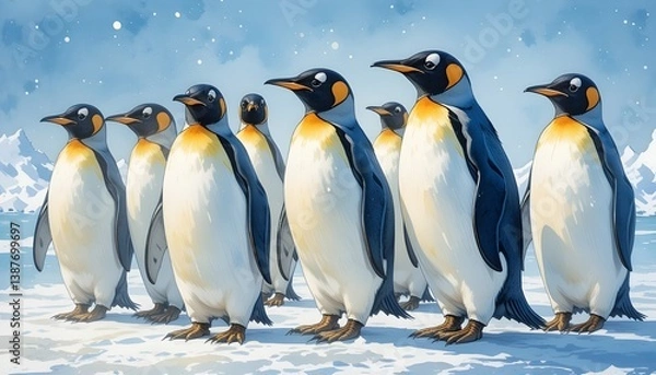 Fototapeta A group of penguins standing on ice, with a snowy background. Watercolor painting 