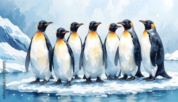 Fototapeta A group of penguins standing on ice, with a snowy background. Watercolor painting 