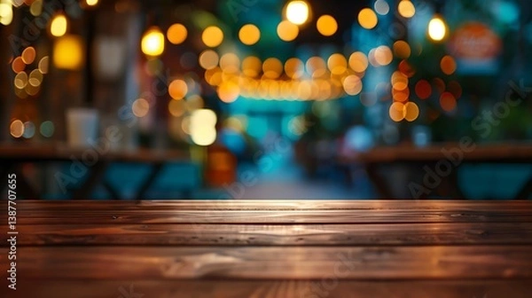 Fototapeta Empty wooden table with christmas theme in background, Warm Glow: A Cozy Evening at a Wooden Table