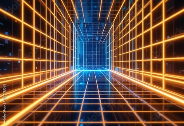 Fototapeta Abstract futuristic grid background with neon lines and 3D depth