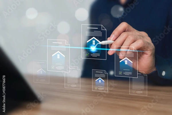Fototapeta Real estate loan approval, submitting proposals for state welfare housing projects, checking transparency on residential building construction, and digital approval signing via laptop