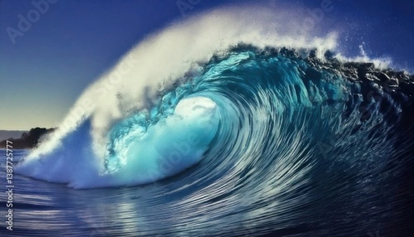 Fototapeta Powerful ocean wave crashing, creating a tunnel with blue water