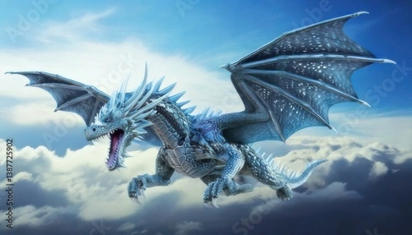 Fototapeta Ice Dragon soaring through the sky with wings spread wide open
