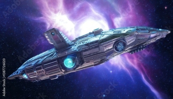Fototapeta Spaceship Flies Through Colorful Nebula in Deep Space Journey