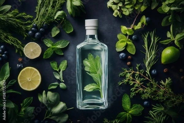 Fototapeta Gin bottle placed on a dark background surrounded by fresh herbs, spices, lemon and lime slices, creating a vibrant and aromatic scene