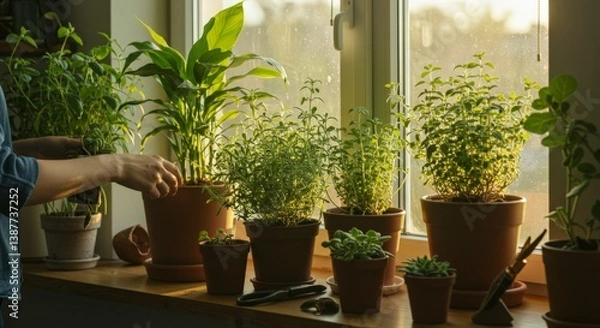 Obraz Sunlit Windowsill Herb Garden