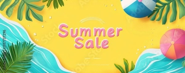 Fototapeta Paper cut-style summer sale banner with beach ball, palm leaves, and sea waves on a yellow background. Top view with large text "Summer Sale". Flat lay.