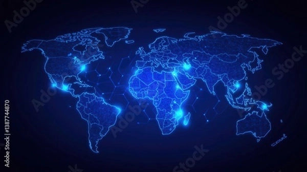 Obraz Abstract blue world map with hexagonal pattern on a dark background, symbolizing global connectivity and technological information exchange. Big data visualization of Earth in space.