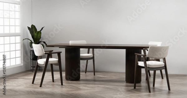 Obraz dinner room japanese style with long table and wooden chairs in room japandi.3D rendering