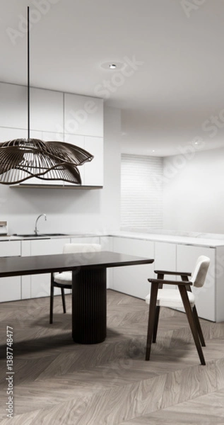 Fototapeta dinner room japanese style with long table and wooden chairs in room japandi.3D rendering
