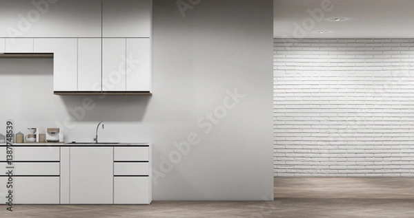 Fototapeta Mock up white modern loft style on kitchen counter scene mockup and set shaped kitchen design. 3d rendering
