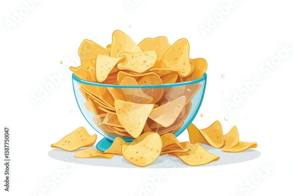 Fototapeta A side view of a snack bowl of savoury potato chips party food, crispy nibbles isolated against a transparent background