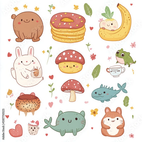 Fototapeta A collection of cute, hand-drawn style illustrations featuring anthropomorphic food and animal characters. Includes a smiling banana, a cheerful mushroom with a tiny face, a sleepy moon hugging a star