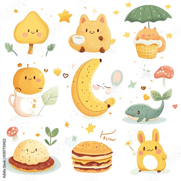 Fototapeta A collection of cute, hand-drawn style illustrations featuring anthropomorphic food and animal characters. Includes a smiling banana, a cheerful mushroom with a tiny face, a sleepy moon hugging a star