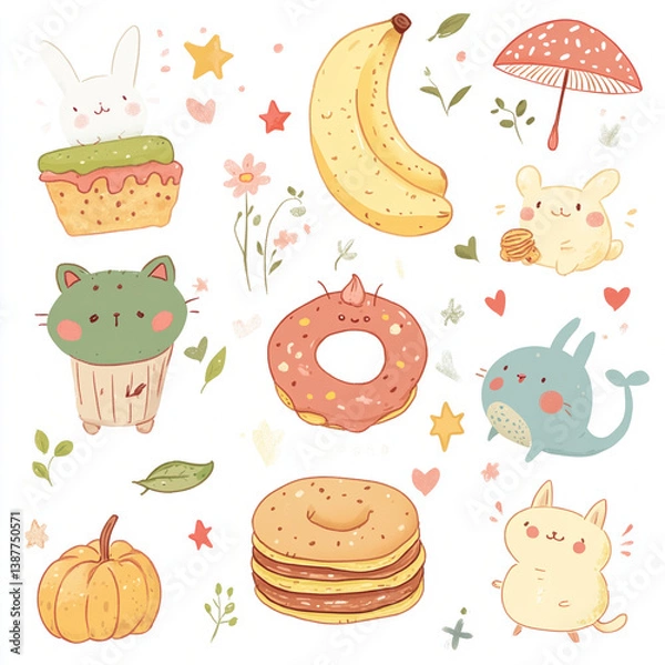 Fototapeta A collection of cute, hand-drawn style illustrations featuring anthropomorphic food and animal characters. Includes a smiling banana, a cheerful mushroom with a tiny face, a sleepy moon hugging a star