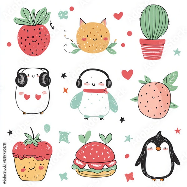 Fototapeta A collection of cute, hand-drawn style illustrations featuring anthropomorphic food and animal characters. Includes a smiling banana, a cheerful mushroom with a tiny face, a sleepy moon hugging a star