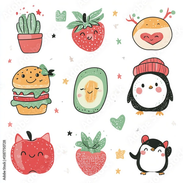 Fototapeta A collection of cute, hand-drawn style illustrations featuring anthropomorphic food and animal characters. Includes a smiling banana, a cheerful mushroom with a tiny face, a sleepy moon hugging a star