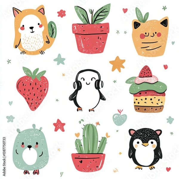 Fototapeta A collection of cute, hand-drawn style illustrations featuring anthropomorphic food and animal characters. Includes a smiling banana, a cheerful mushroom with a tiny face, a sleepy moon hugging a star