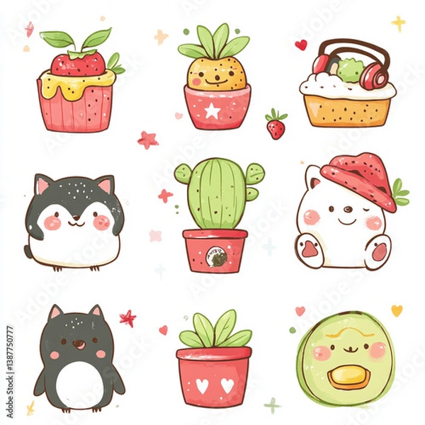 Fototapeta A collection of cute, hand-drawn style illustrations featuring anthropomorphic food and animal characters. Includes a smiling banana, a cheerful mushroom with a tiny face, a sleepy moon hugging a star