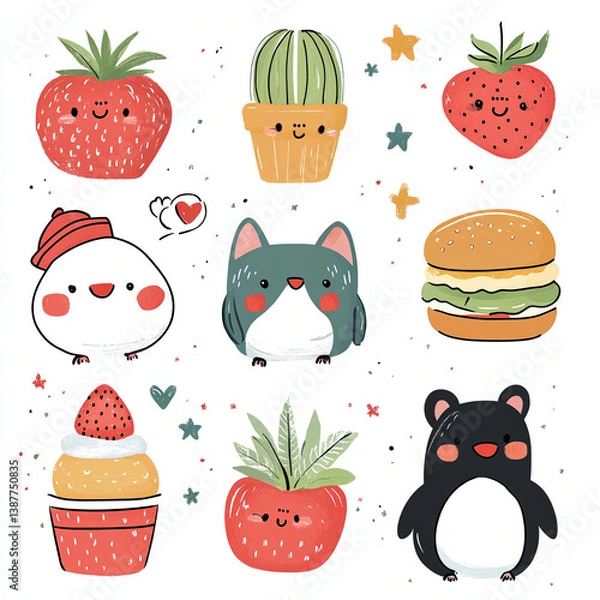Fototapeta A collection of cute, hand-drawn style illustrations featuring anthropomorphic food and animal characters. Includes a smiling banana, a cheerful mushroom with a tiny face, a sleepy moon hugging a star