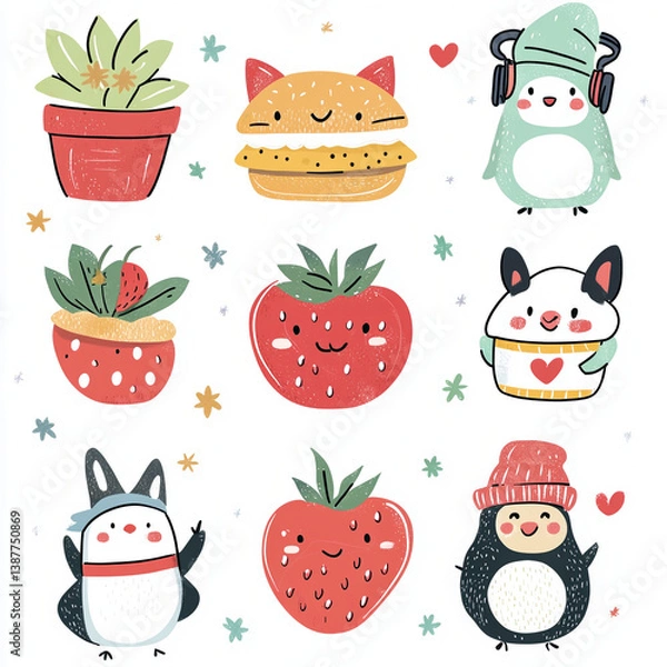 Fototapeta A collection of cute, hand-drawn style illustrations featuring anthropomorphic food and animal characters. Includes a smiling banana, a cheerful mushroom with a tiny face, a sleepy moon hugging a star