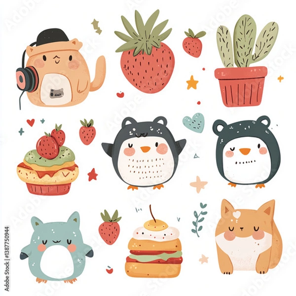 Fototapeta A collection of cute, hand-drawn style illustrations featuring anthropomorphic food and animal characters. Includes a smiling banana, a cheerful mushroom with a tiny face, a sleepy moon hugging a star