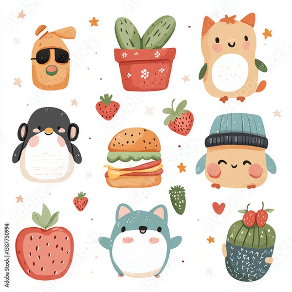 Fototapeta A collection of cute, hand-drawn style illustrations featuring anthropomorphic food and animal characters. Includes a smiling banana, a cheerful mushroom with a tiny face, a sleepy moon hugging a star