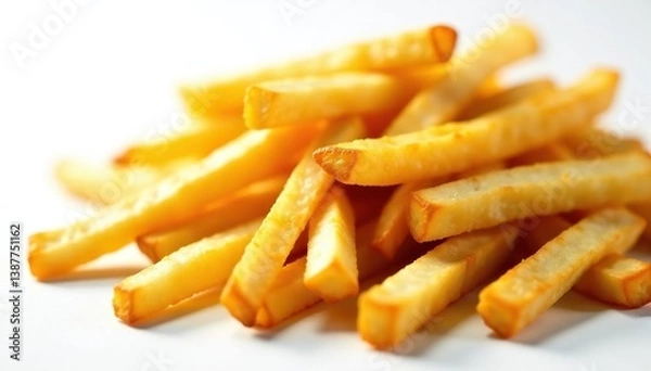 Obraz Close up shot of greasy french fries on white, snack, french fries, potato