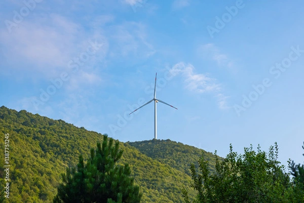Fototapeta Wind turbine on a forested hill under a clear sky. Single wind power generator in natural forest landscape. Renewable energy concept