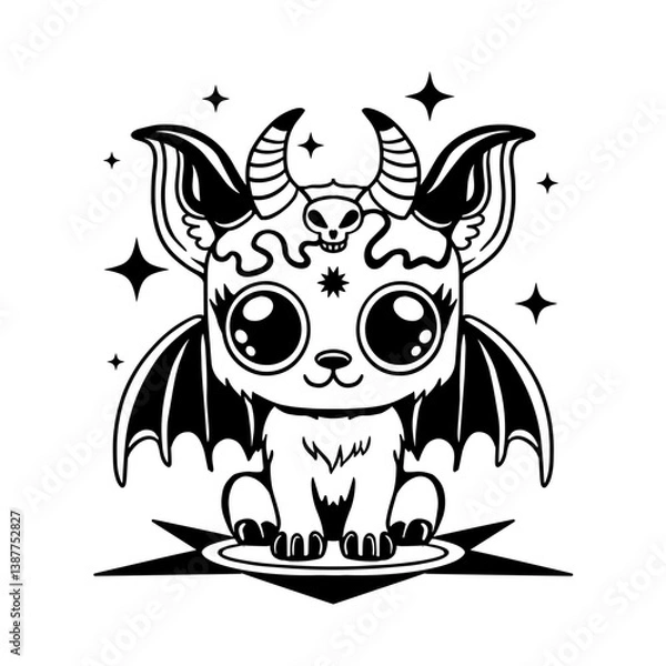 Obraz Cute demon cat with bat wings, horns, and skull. Mystical black and white silhouette vector